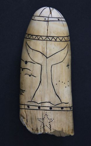 ANTIQUE SCRIMSHAW WHALE TOOTH, 19TH
