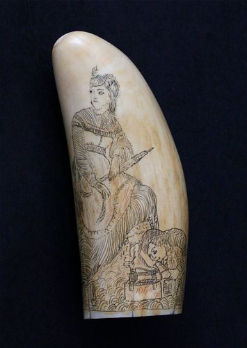 ANTIQUE SCRIMSHAW SPERM WHALE TOOTH,