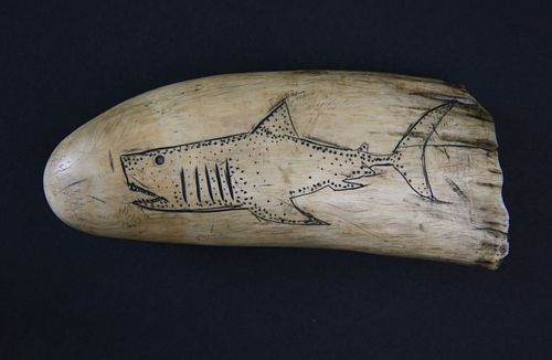 ANTIQUE SCRIMSHAW WHALE TOOTH, 19TH