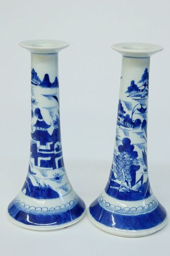PAIR OF CANTON TRUMPET FORM CANDLESTICKS,
