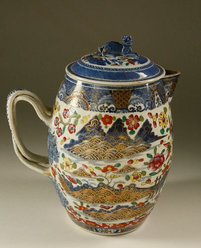 CLOBBERED CANTON PITCHER WITH LID, 19TH