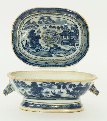 CLOBBERED CANTON SAUCE TUREEN,