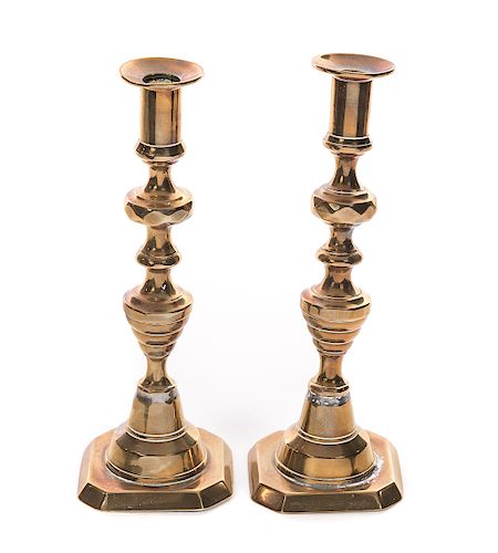 PAIR OF EARLY BRASS PUSH UP CANDLESTICKSMeasures