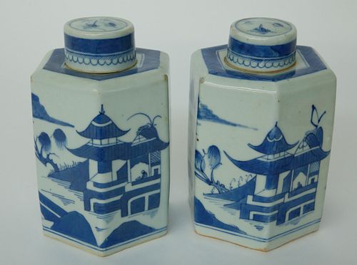 PAIR OF CANTON HEXAGONAL TEA CADDIES  37d00c