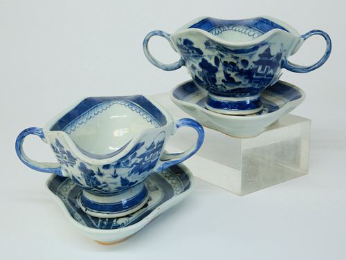 TWO CANTON SAUCE BOATS AND STANDS  37d050