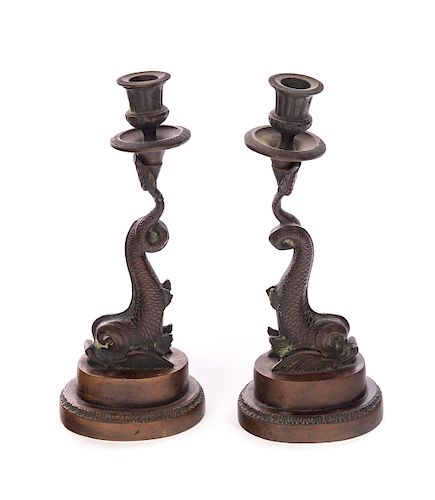 EARLY 1800'S BRONZE DOLPHIN CANDLESTICKSMeasures