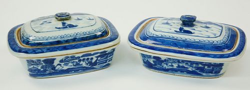 TWO CANTON THREE-PIECE SOAP DISHES,