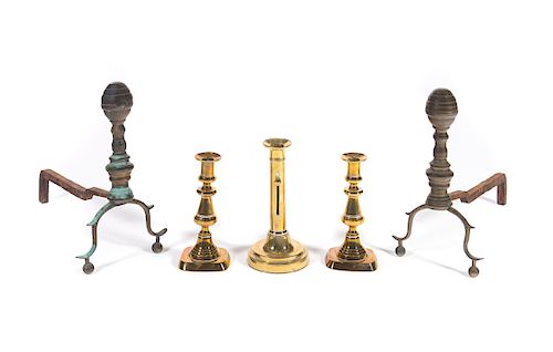 EARLY BRASS ANDIRONS AND CANDLESTICKSMeasures