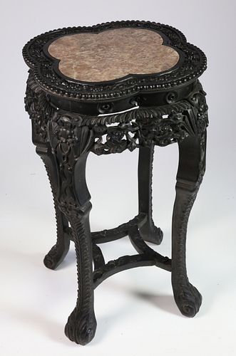 CHINESE CARVED TEAKWOOD AND MARBLE