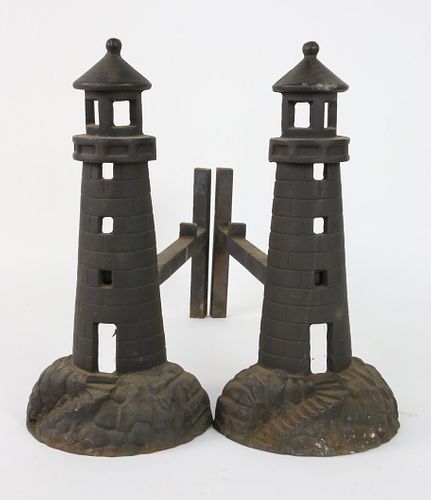 PAIR OF CAST IRON LIGHTHOUSE ANDIRONS,