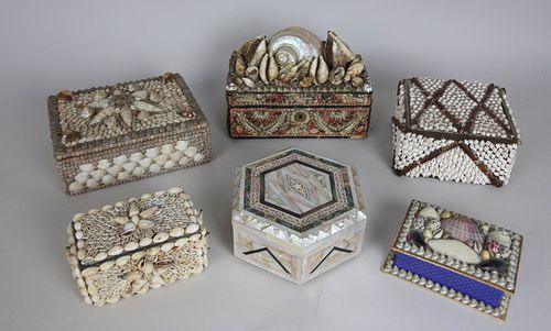 COLLECTION OF FIVE SHELLWORK ENCRUSTED