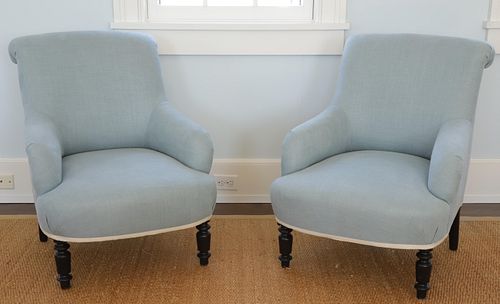 PAIR OF AQUA BLUE FABRIC UPHOLSTERED