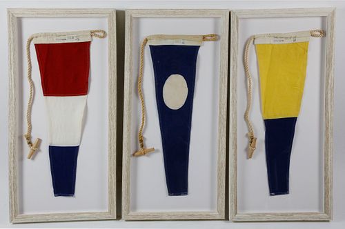 THREE VINTAGE FRAMED SIGNAL FLAGS  37d67d