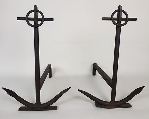 PAIR OF VINTAGE IRON ANCHOR ANDIRONSPair 37d68a