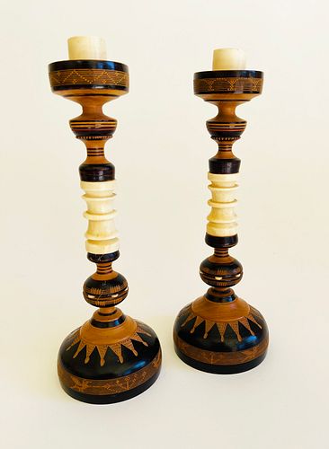 PAIR OF CARVED BONE AND MULTI-TURNED