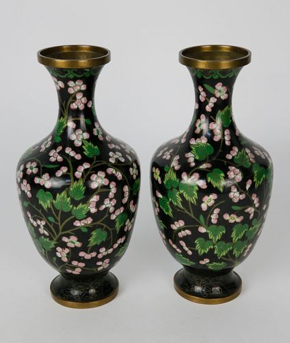 PAIR OF CHERRY BLOSSOM CLOISONNE VASESPair