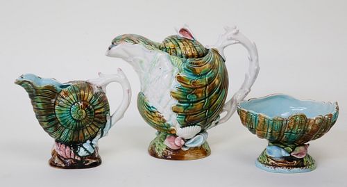 THREE PIECE MAJOLICA TEA SET 19TH 37d73f