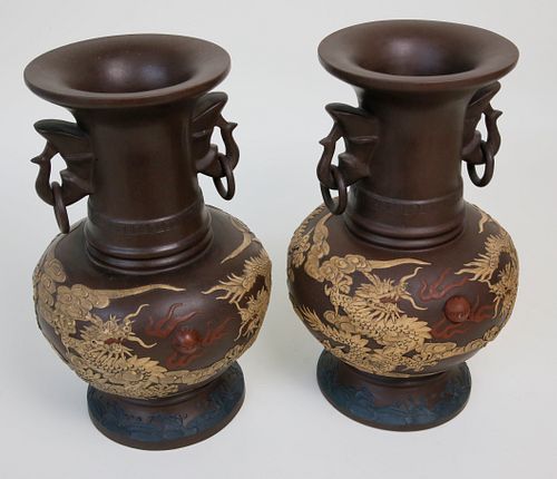 PAIR OFÂ YIXING FOUR-COLOR CARVED