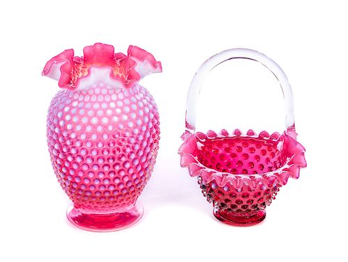 2 FENTON OPALESCENT CRANBERRY HOBNAIL