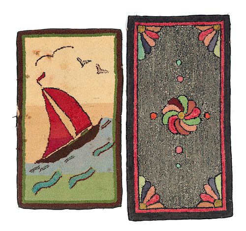 2 EARLY FOLK ART HOOKED RUGS SAILING 37d829