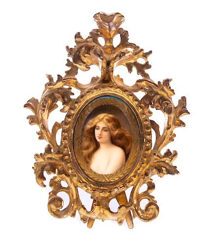 SIGNED PORCELAIN PLAQUE WITH GILTWOOD 37d89f