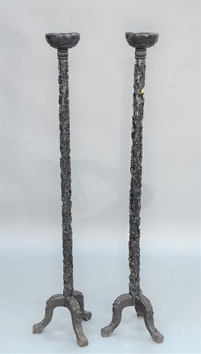 PAIR CHINESE HARDWOOD CARVED TALL