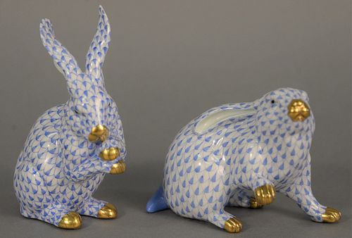 TWO HEREND PORCELAIN RABBITS BLUE 37b22c