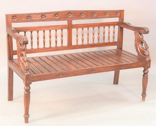 TEAK BENCH WITH SWAN ARM SUPPORTS,