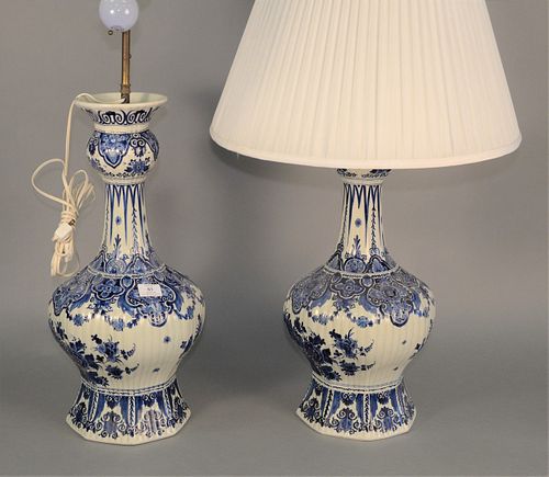 PAIR OF DELFT BLUE AND WHITE URNS