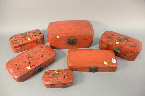 GROUP OF SIX CHINESE RED AND BLACK