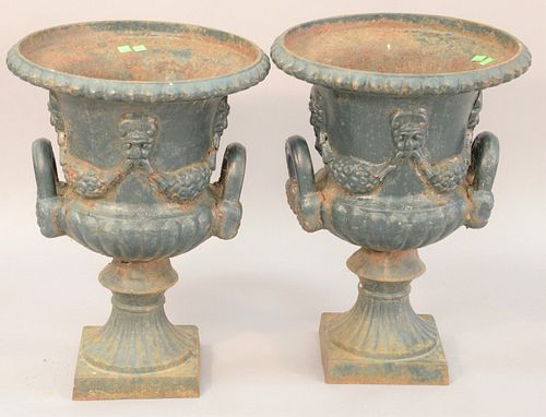 PAIR IRON OUTDOOR URNS, HT. 23",