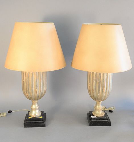 PAIR OF SILVERED WOOD LAMPS EACH 37b3ca
