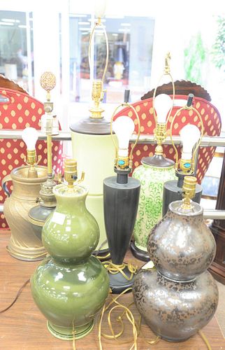 GROUP OF EIGHT TABLE LAMPS, GREEN GLAZED