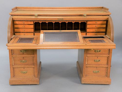 LARGE OAK ROLL-TOP DESK WITH FITTED