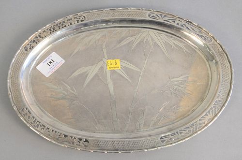 CHINESE SILVER OVAL TRAY WITH BAMBOO