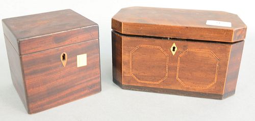 TWO MAHOGANY TEA BOXES, ONE INLAID