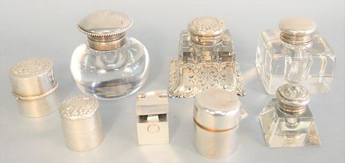 GROUP OF 8 SILVER AND CRYSTAL INKWELLS,