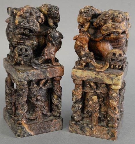 PAIR SOAPSTONE SEALS WITH FOOD