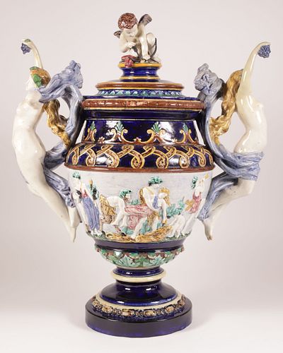 ANTIQUE MAJOLICA COVERED VASE WITH