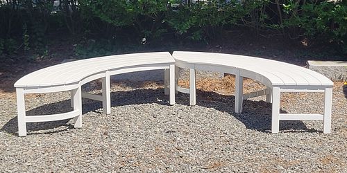 PAIR OF WEATHEREND CURVED BENCHES 37badb