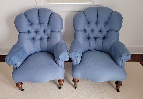 PAIR OF BUTTON TUFTED BLUE UPHOLSTERED