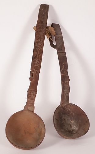 TWO FOLK ART CARVED WOOD LADLES,