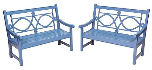 PAIR PAINTED TEAK GARDEN BENCHES20th 21st 37bcd5