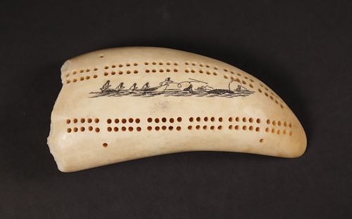 INUIT SCRIMSHAW WHALE TOOTH CRIBBAGE