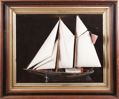 ANTIQUE SHADOWBOX MODEL OF GAFF-RIGGED