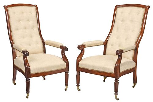 PAIR CARVED MAHOGANY OPEN ARMCHAIRSBritish,