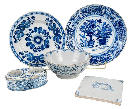FIVE PIECES OF BLUE AND WHITE DELFTWAREDutch/English,