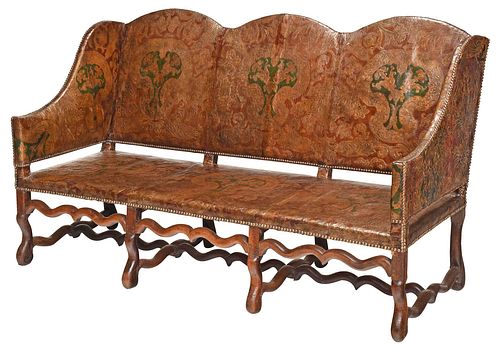 LOUIS XIV WALNUT AND EMBOSSED LEATHER