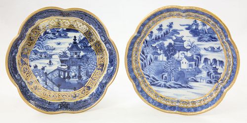TWO CANTON CLOBBERED TEAPOT UNDERPLATES,