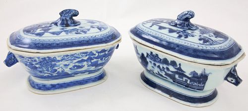 TWO CANTON COVERED SAUCE TUREENS,